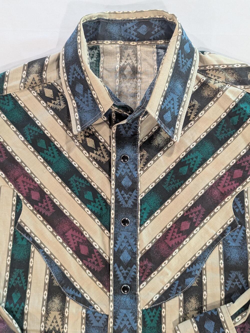 Cowboy Shirt Mens XL Multicolor Aztec Long Sleeve Western Pearl Snap Pockets - Picture 2 of 7